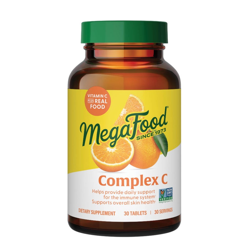 مكمل دعم المناعة النباتي MegaFood Complex C مع فيتامين C 250 ملغ مصنوع من طعام حقيقي بما في ذلك البرتقال والتوت البري والأرز البني خالي من الغلوتين كوشير 30 قرص 30 حصة
